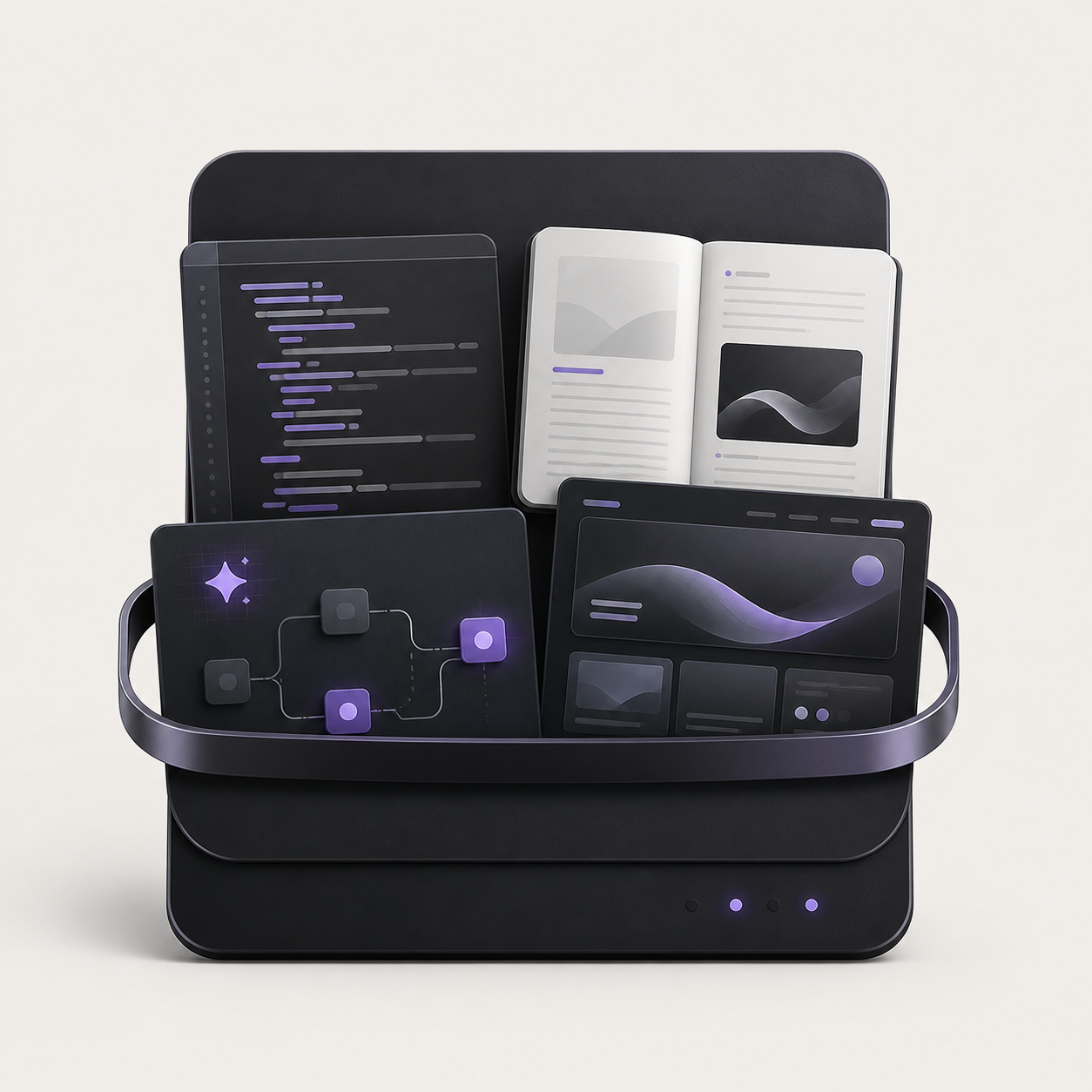 Premium dark digital product bundle toolkit showing a code editor, open guide, AI workflow diagram and UI template card packaged together in a sleek dark briefcase