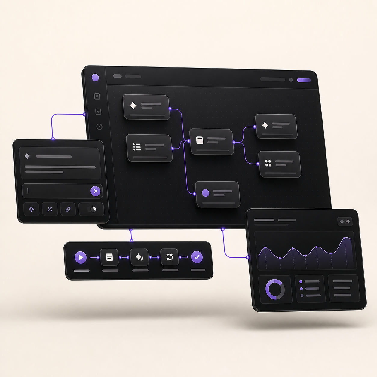 Premium dark-themed AI workflow interface showing node-based pipelines, prompt input panel, automation steps and analytics dashboard