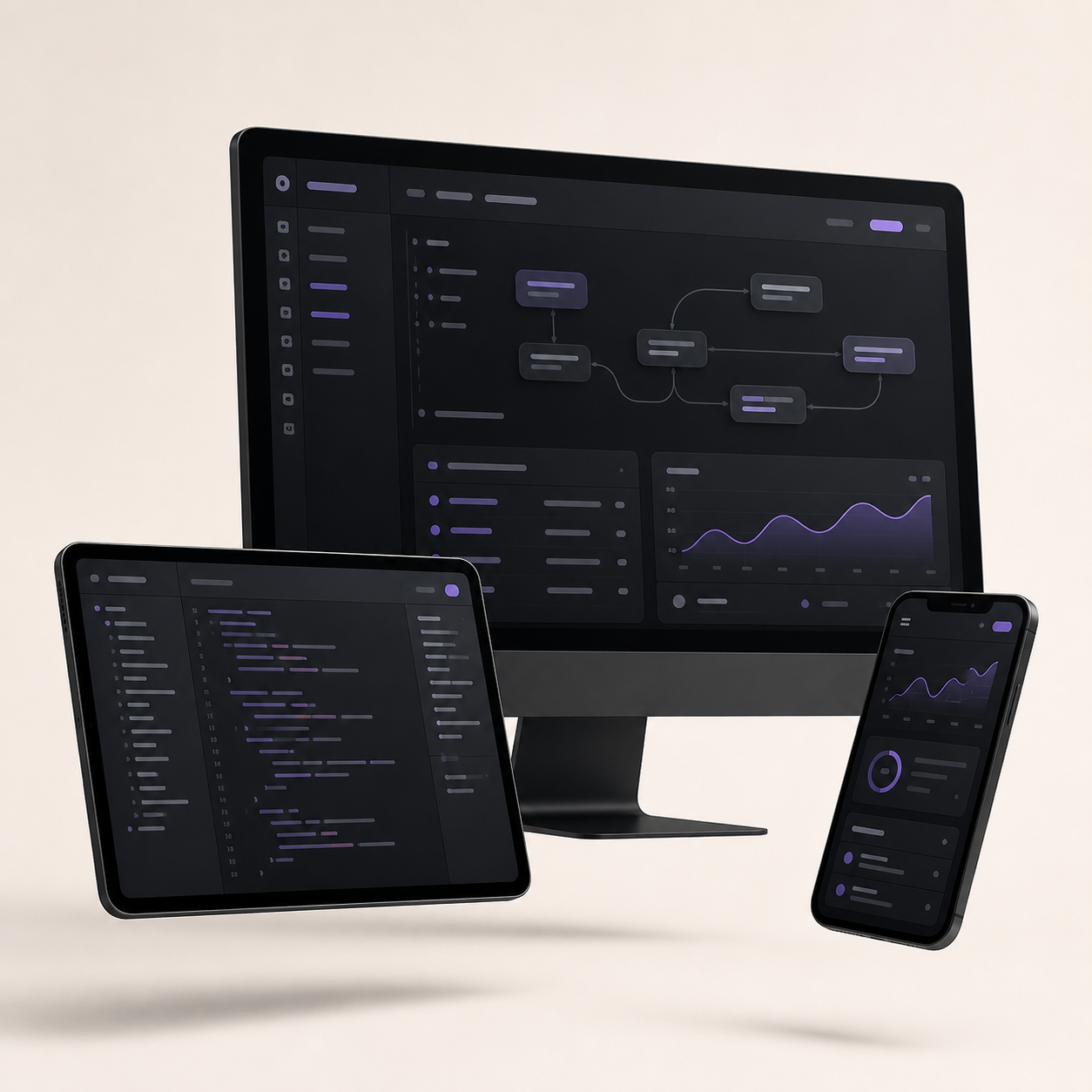Premium dark-themed software dashboard showing workflow diagrams, code editor and analytics across desktop, tablet and mobile devices
