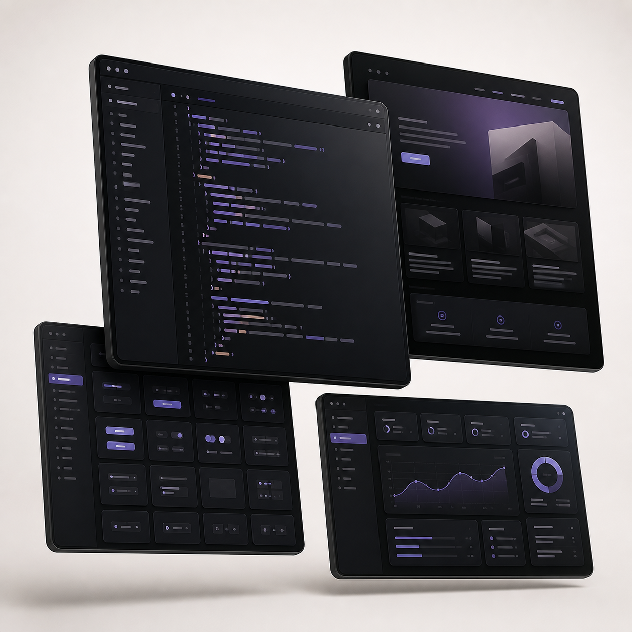Premium dark-themed code and template showcase showing a code editor, website template, UI component library and dashboard starter kit across four floating screens