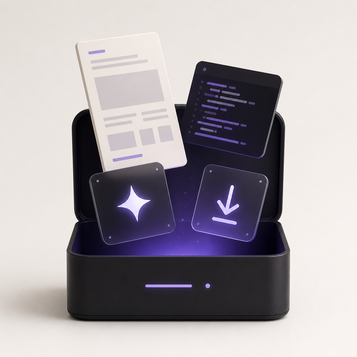Premium dark open box glowing purple with a document, code snippet card, AI sparkle icon and download arrow floating out — representing free digital resources