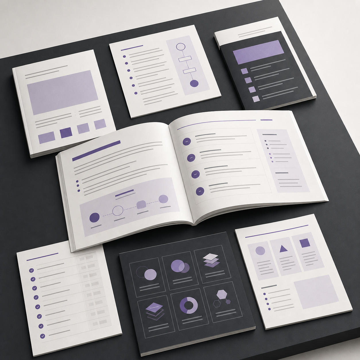 Premium digital guides and PDFs flat-lay showing open books, structured lesson layouts, checklists, diagrams and step-by-step guides with purple accent design
